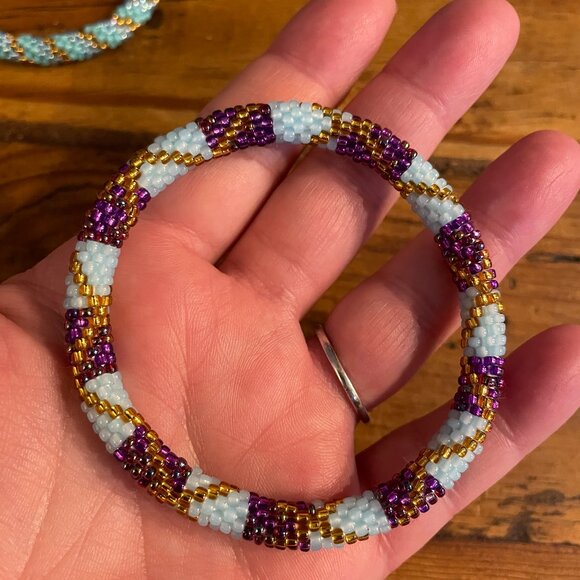 Nepal Glass Beaded Crochet Bangle Bracelets Sashka Co. Boho Hippy Colorful Set 2 - Picture 3 of 5